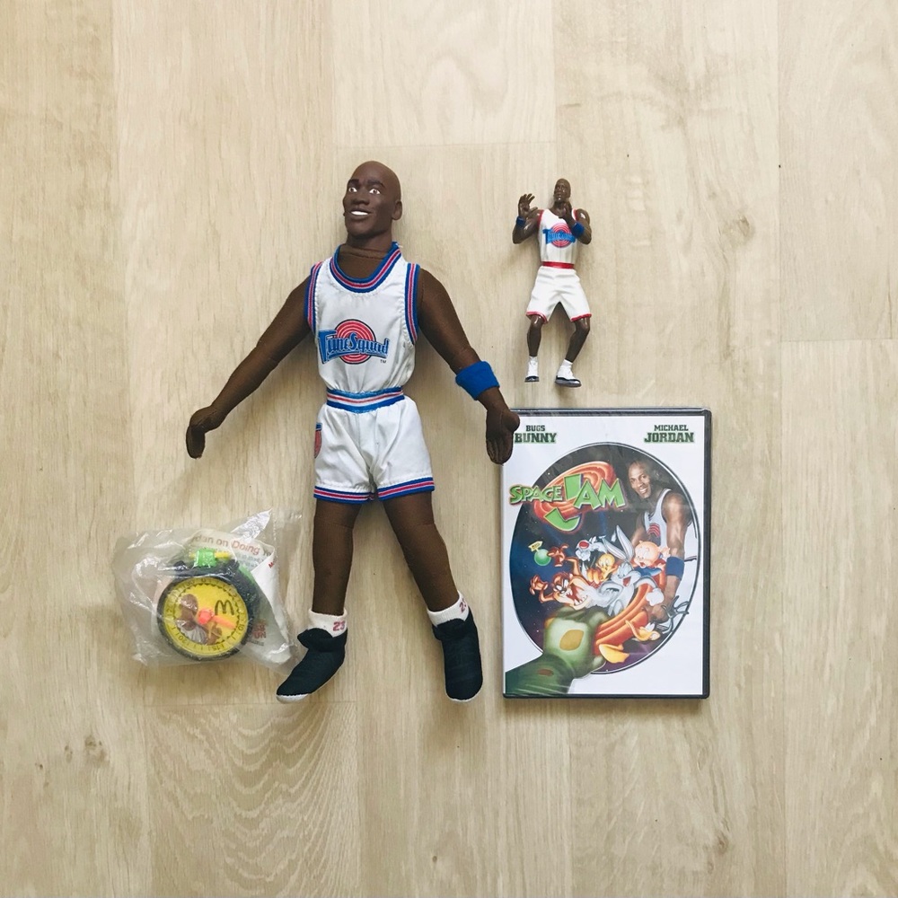 Michael Jordan Space Jam 12" Plush Doll,  (DVD),  5" Action Figure & Stopwatch